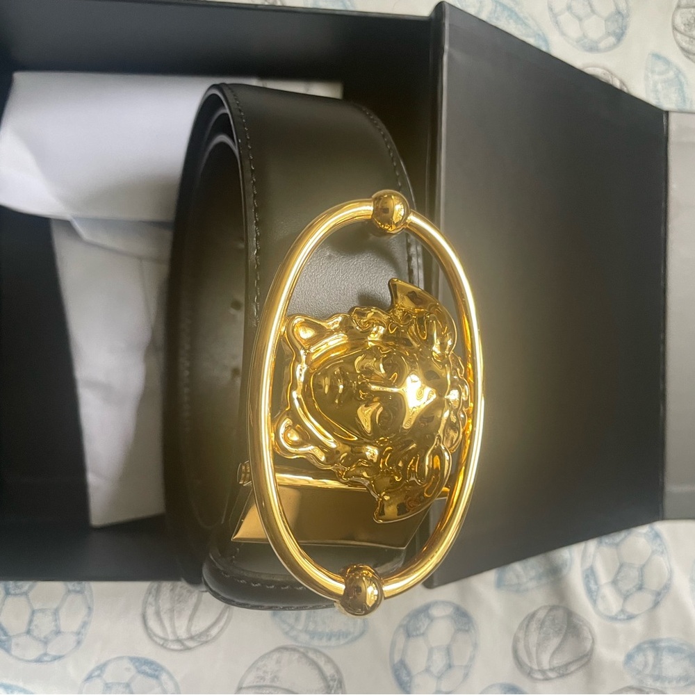 Versace Black belt with oval gold logo